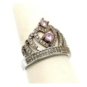 Sterling Silver, Pink & Clear Cubic Zirconia Princess Queen Crown Ring! 43